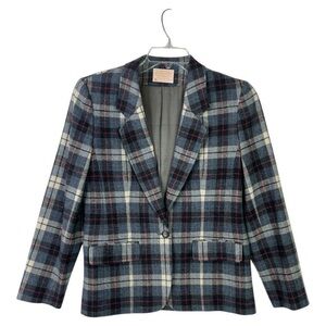 VINTAGE PENDLETON GRAY BLUE PLAID WOOL BLAZER JACKET SINGLE BUTTON SZ 10